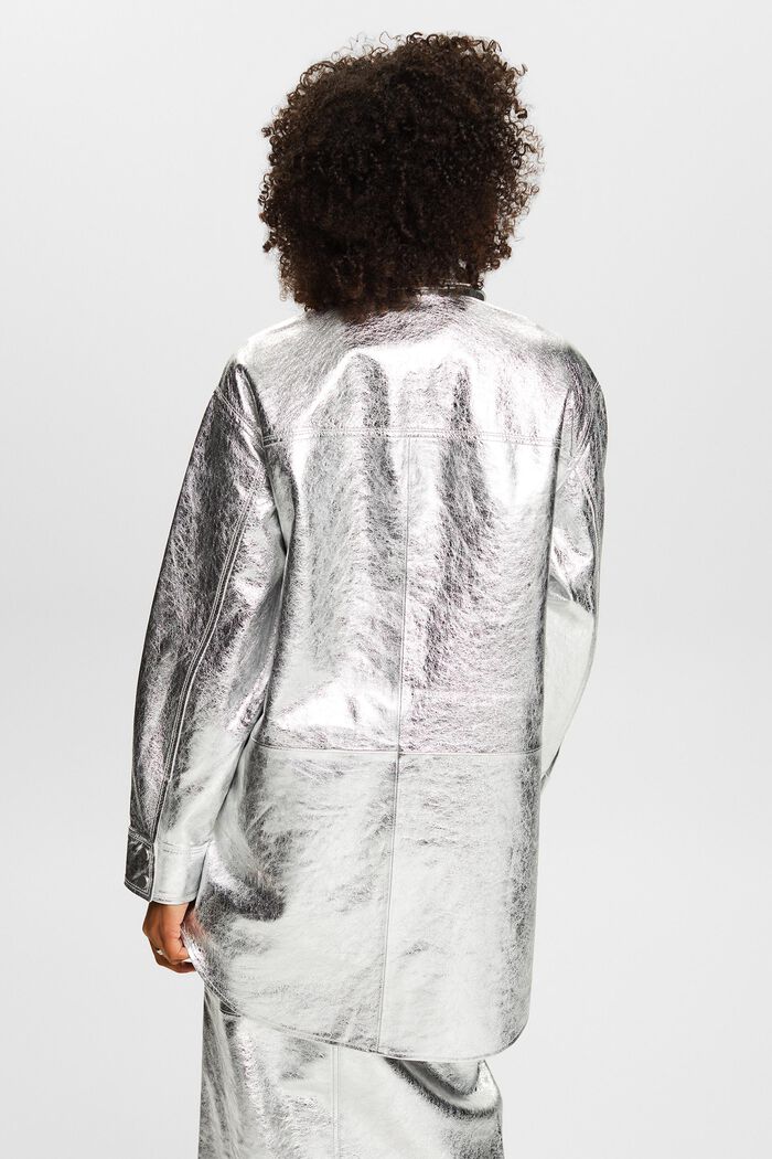金屬光感皮革襯衫式夾克, 淺灰色, detail image number 2