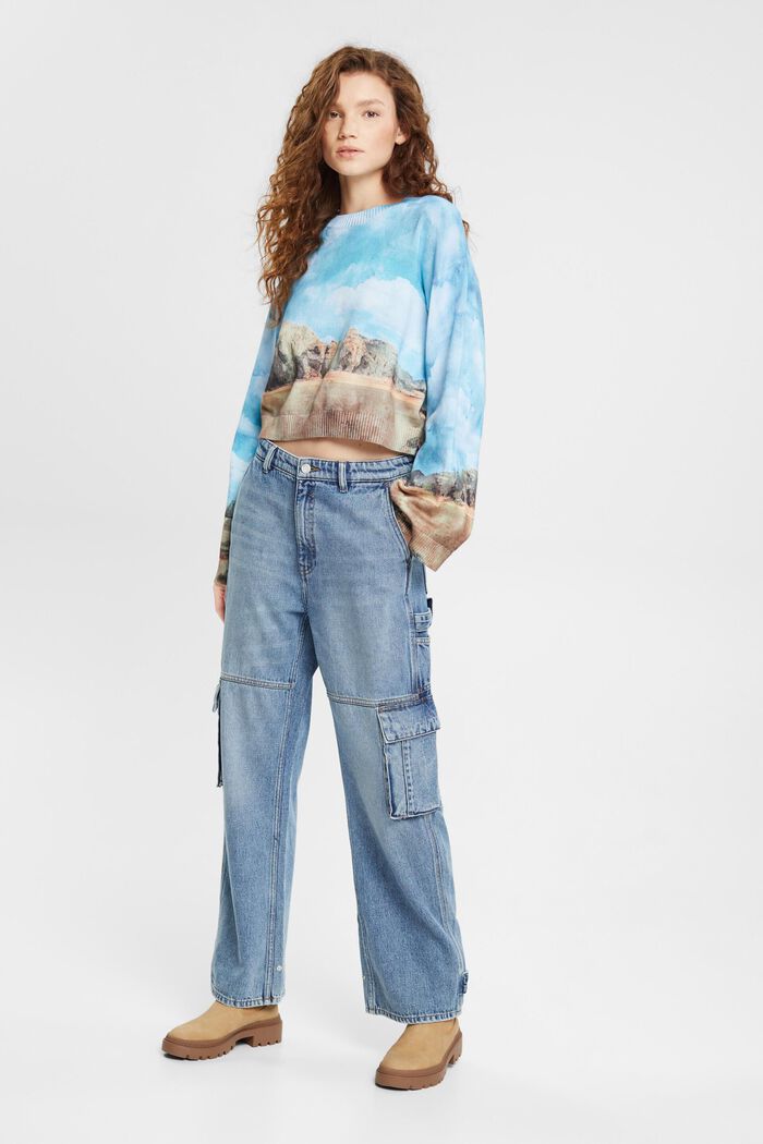 All-over landscape digital print cropped sweater, TURQUOISE, detail image number 4