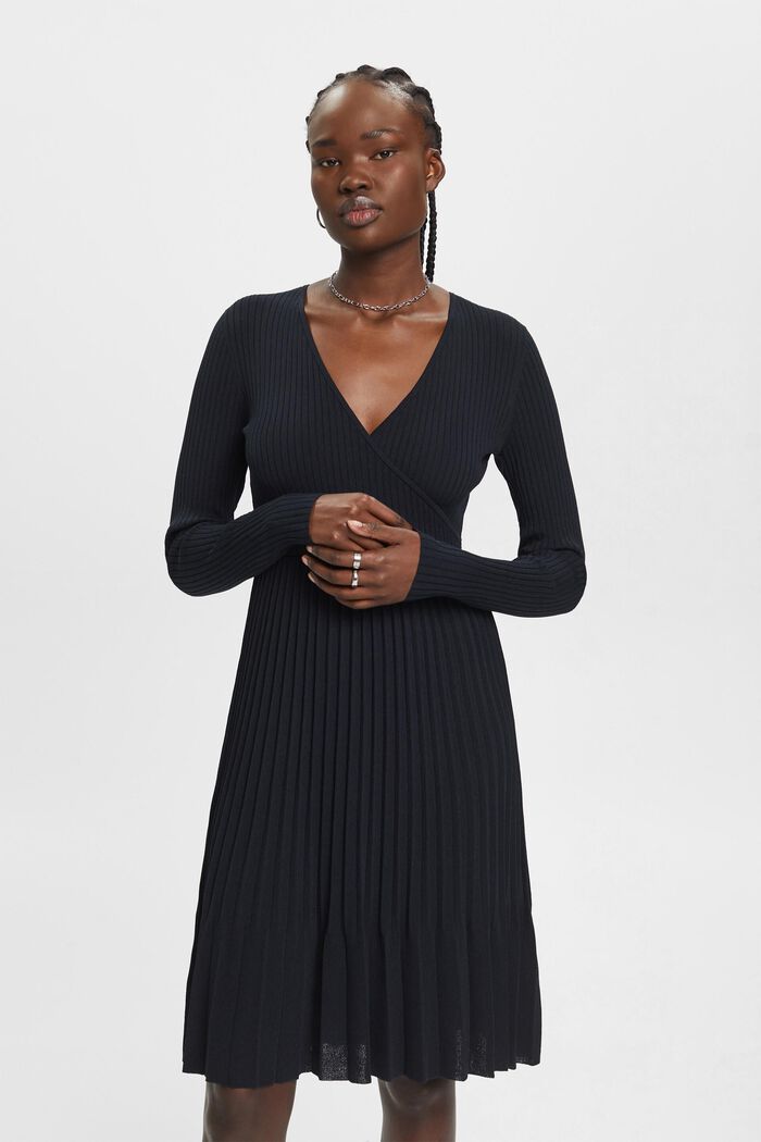 Pleated wrap dress with long-sleeves, BLACK, detail image number 0