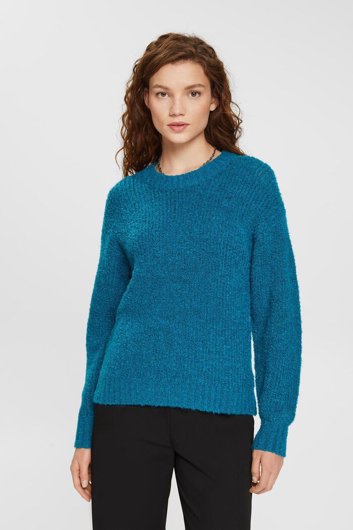Bouclé jumper with wool and alpaca, TEAL BLUE, detail image number 0