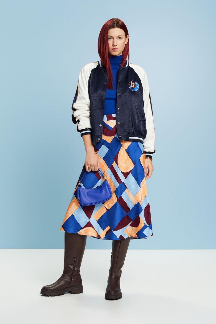Patterned Satin Midi Skirt, BLUE, detail image number 0
