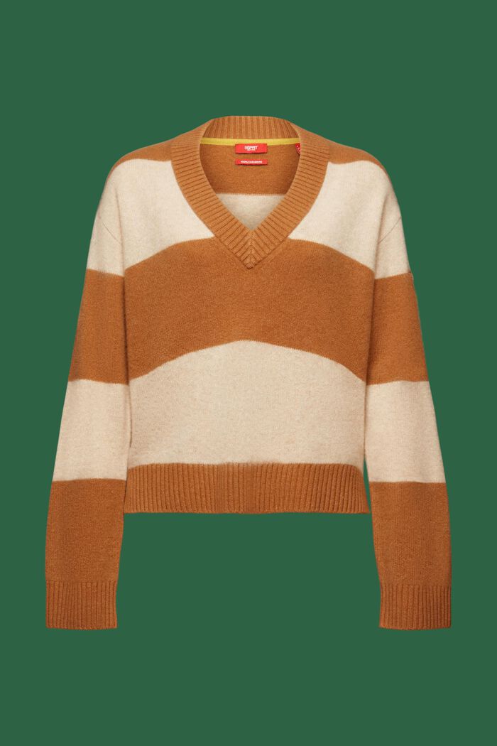 Cashmere V-Neck Rugby Stripe Sweater, BEIGE, detail image number 6