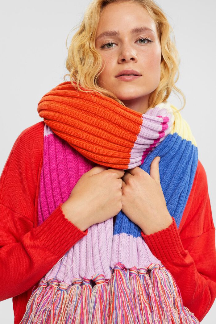 Fringed scarf with coloured stripes, PINK FUCHSIA, detail image number 2