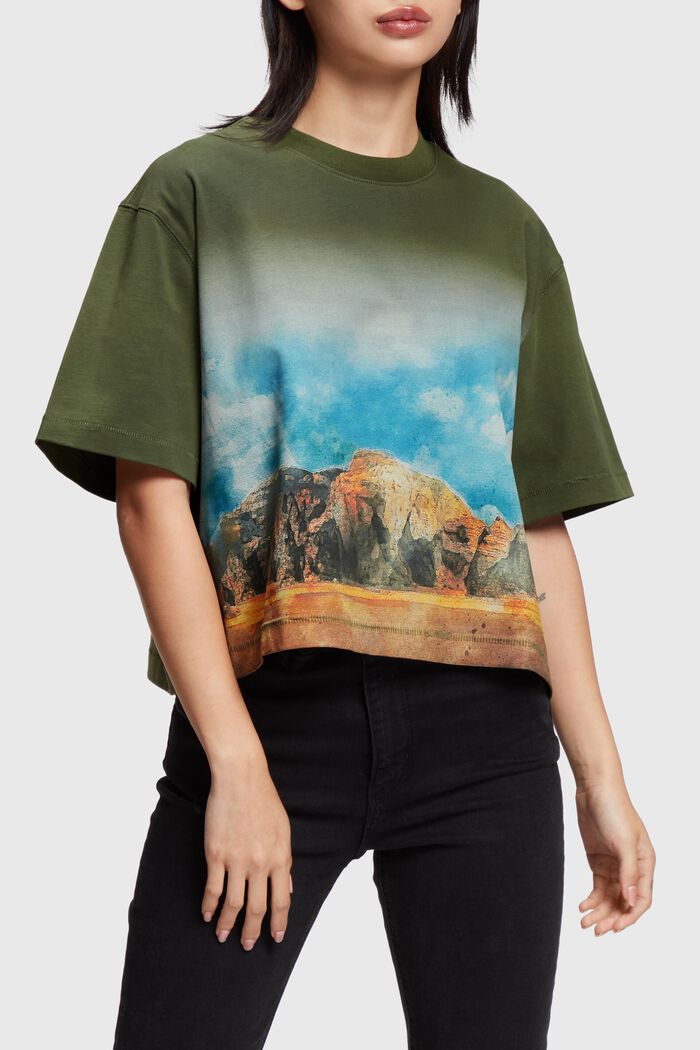Front panel gradient landscape print cropped tee, FOREST, detail image number 0