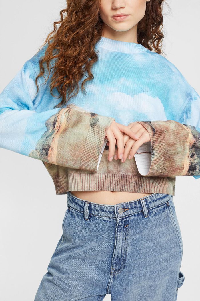 All-over landscape digital print cropped sweater, TURQUOISE, detail image number 1
