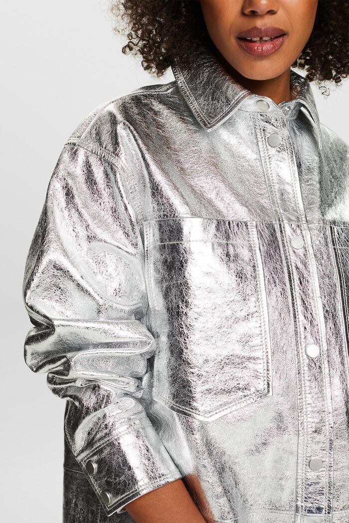 金屬光感皮革襯衫式夾克, 淺灰色, detail image number 3