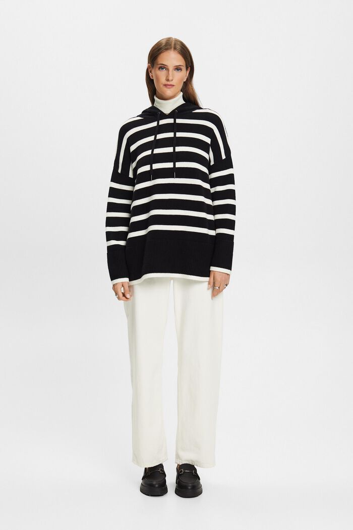 Striped Sweater Hoodie, BLACK, detail image number 0