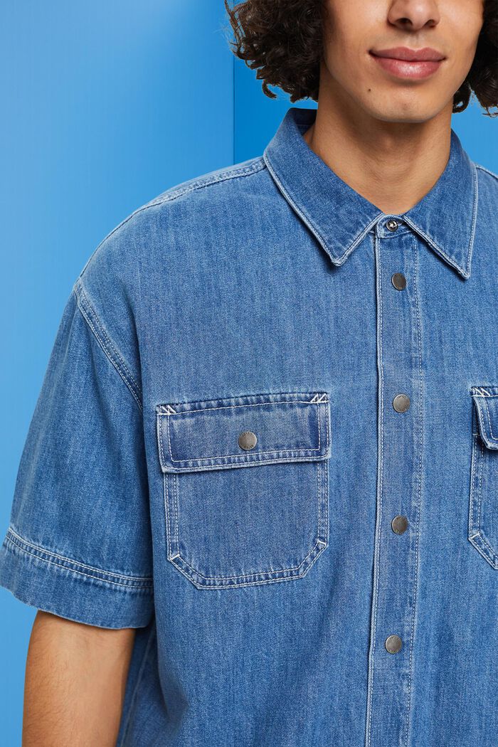 方正版型牛仔短袖襯衫, BLUE MEDIUM WASHED, detail image number 2