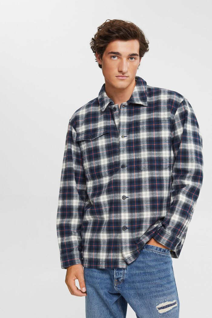 Pure cotton oversized shirt with checked pattern, PETROL BLUE, detail image number 0