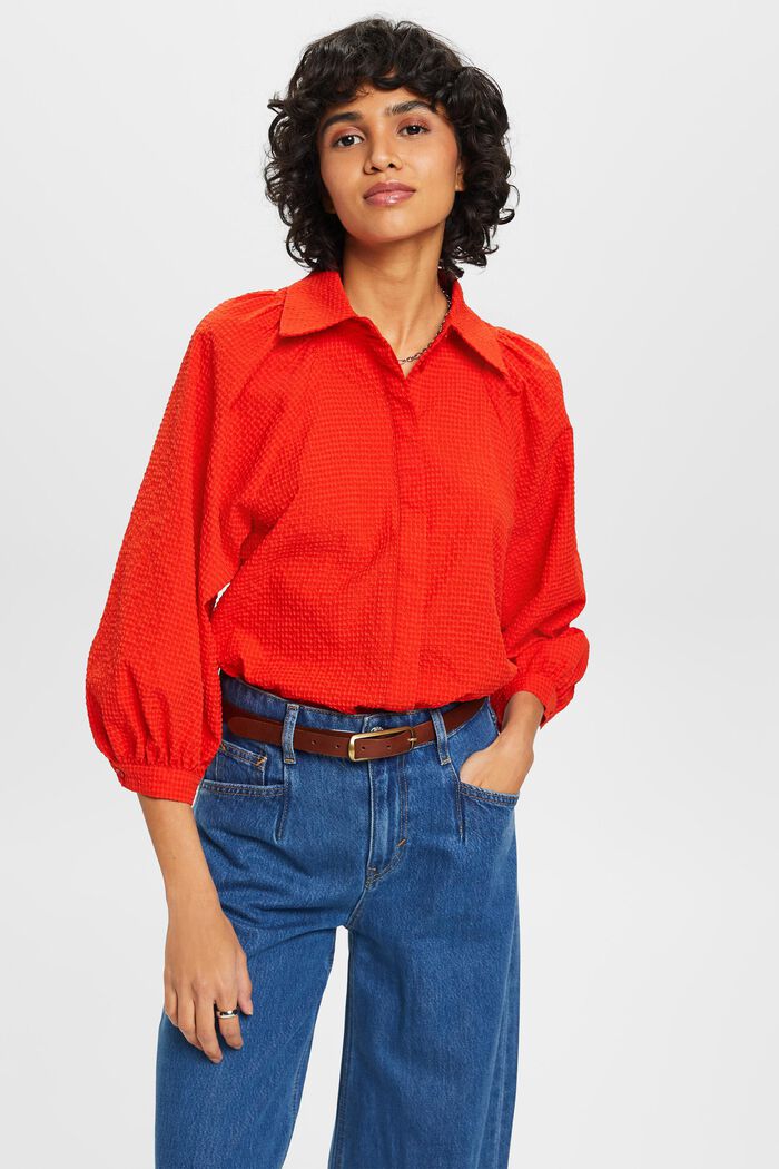 泡泡紗燈籠袖女裝襯衫, 橙紅色, detail image number 0