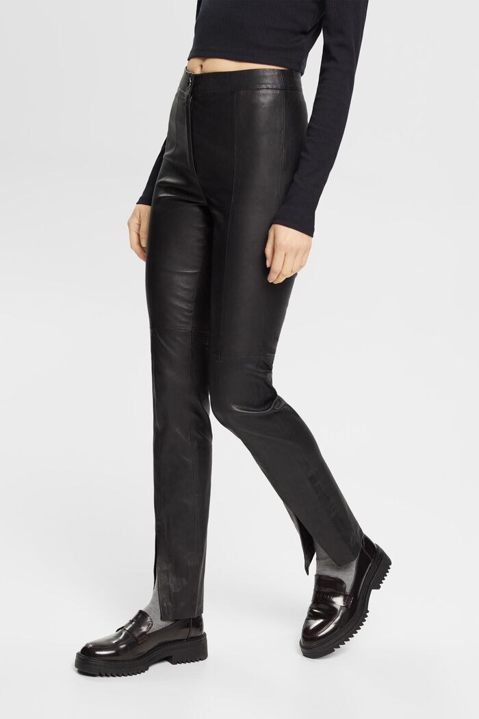 Mid-rise split hem leather trousers, BLACK, detail image number 2
