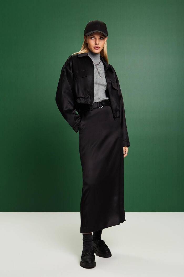 Satin Belted Maxi Skirt, 黑色, detail image number 5