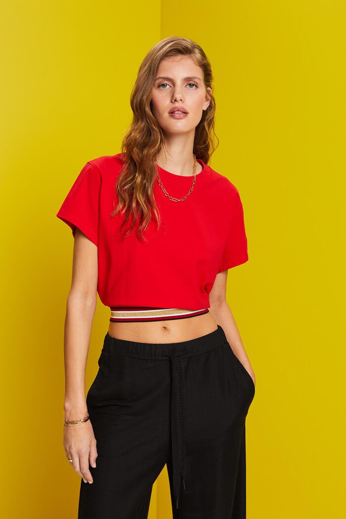 Cropped t-shirt with glitter band, RED, detail image number 0