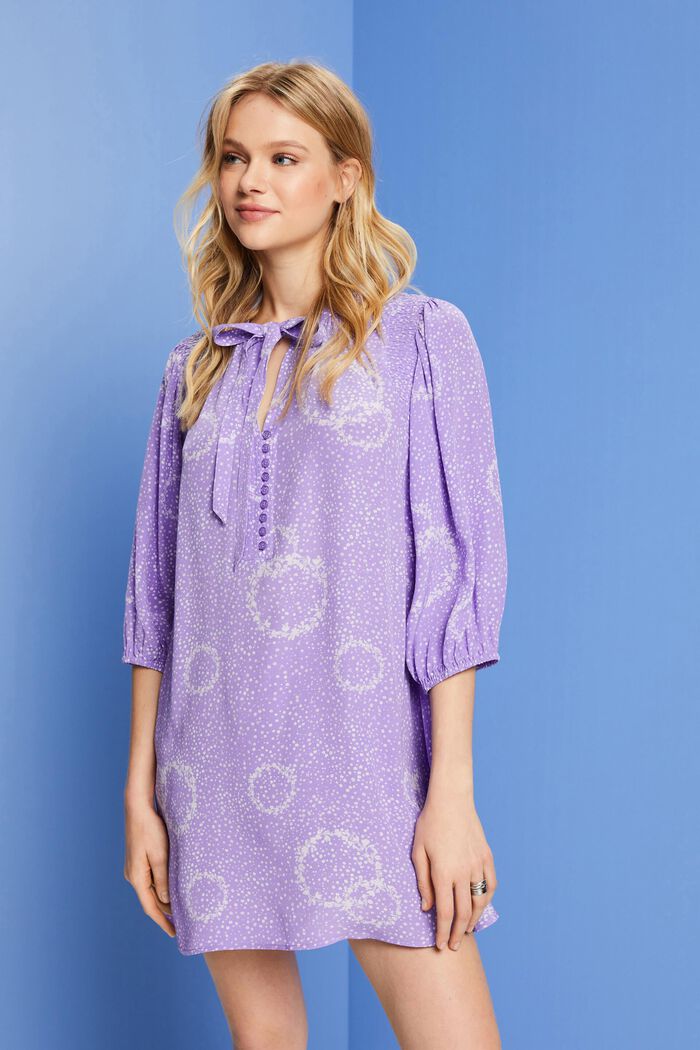 Patterned mini dress with a bow tie, PURPLE, detail image number 0