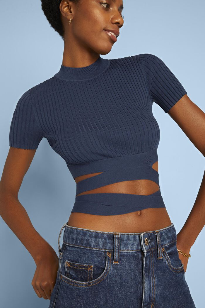 Tie Detail Ribbed Knit Cropped Top, NAVY, detail image number 2
