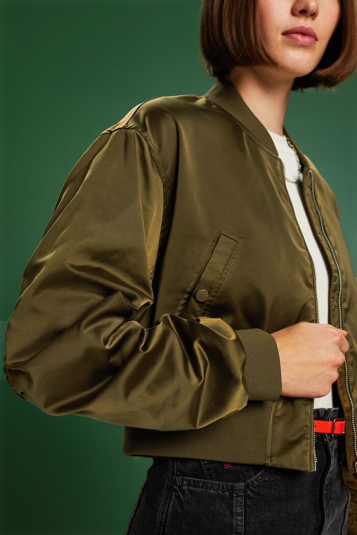 短款緞面飛行員夾克, 軍綠色, detail image number 3