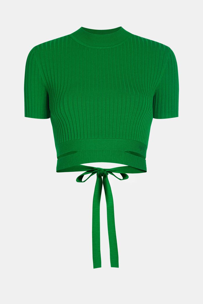 Tie Detail Ribbed Knit Cropped Top, GREEN, detail image number 5