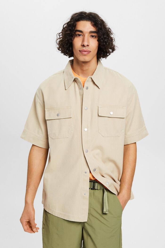 方正版型牛仔短袖襯衫, 米色, detail image number 0