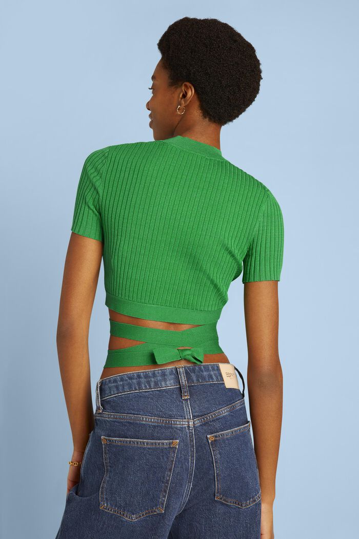 Tie Detail Ribbed Knit Cropped Top, GREEN, detail image number 3