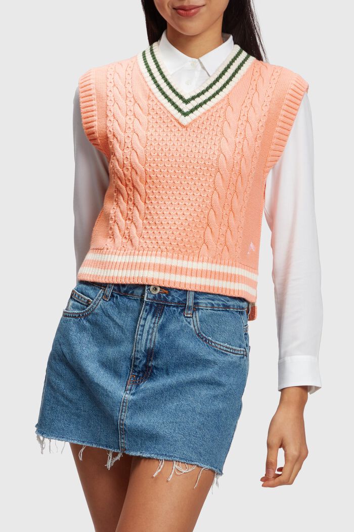 Dolphin badge cable knit vest, PINK, detail image number 0