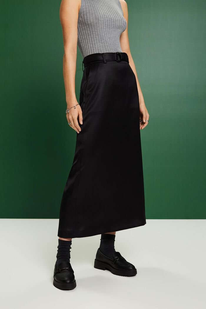 Satin Belted Maxi Skirt, 黑色, detail image number 0