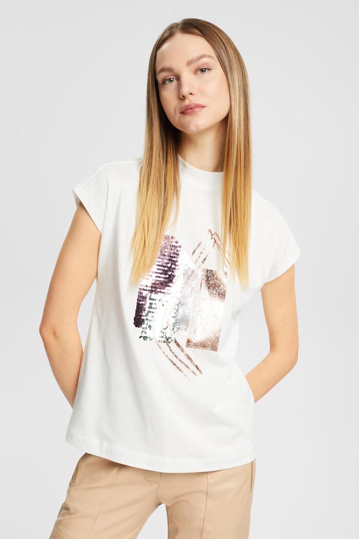 Sequin appliqué t-shirt, TENCEL™, OFF WHITE, detail image number 0