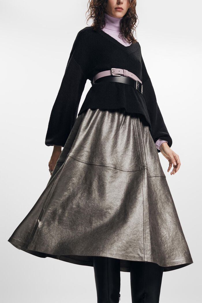 Metallic faux leather midi skirt, GUNMETAL, detail image number 0