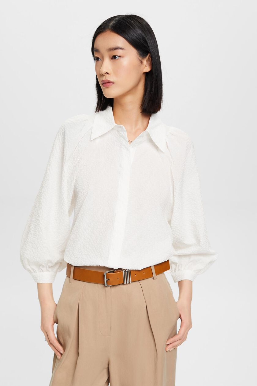 Seersucker blouse with puffy sleeves