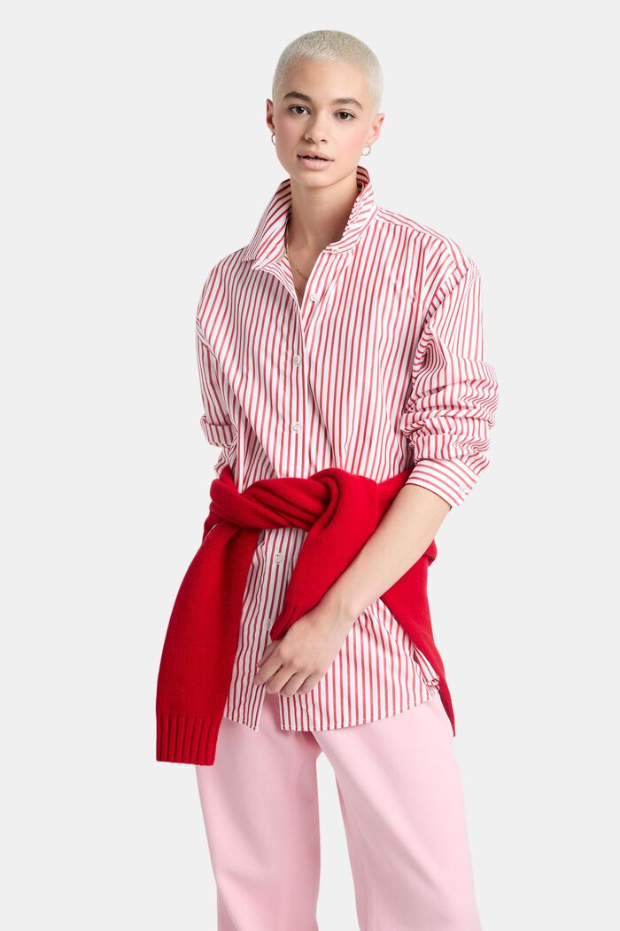 條紋棉質府綢恤衫, 深紅色, detail image number 0