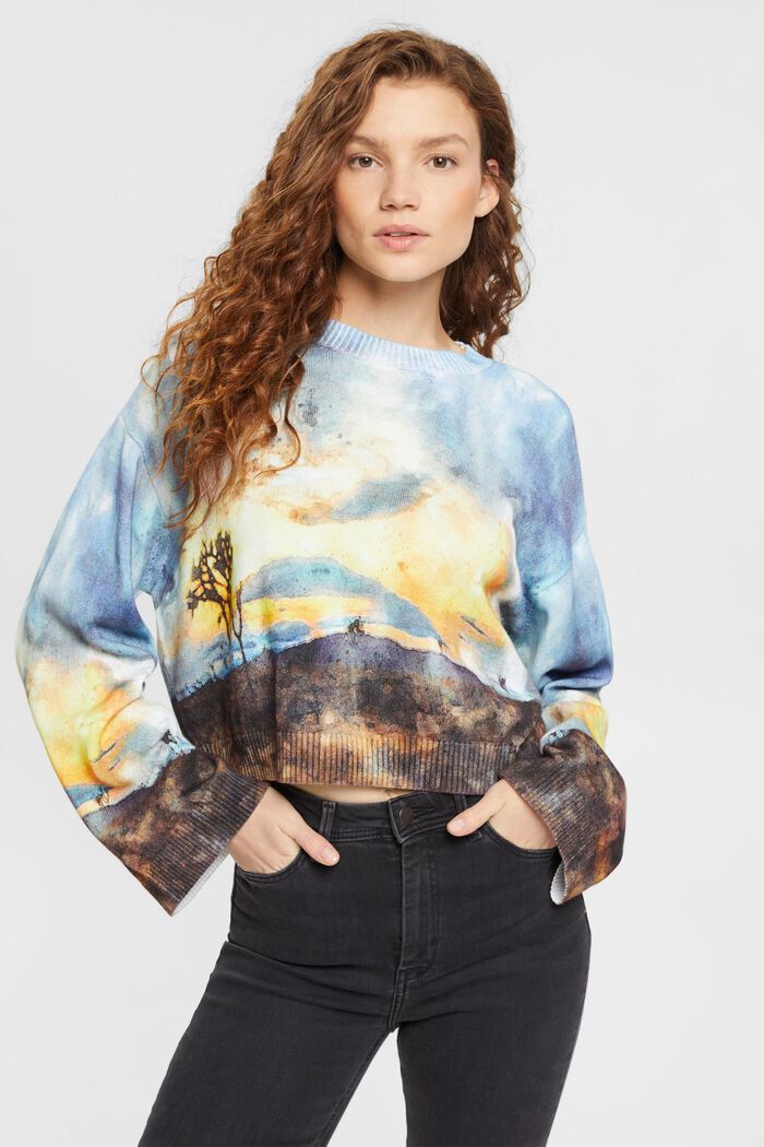 All-over landscape digital print cropped sweater, DARK BLUE, detail image number 0