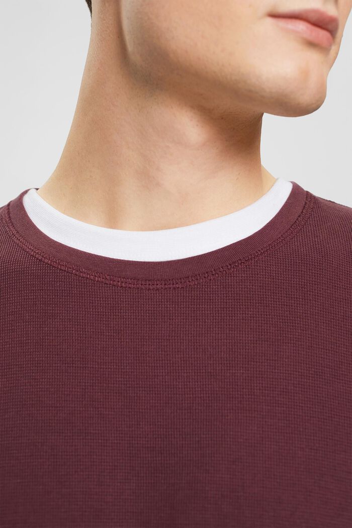 Waffle piqué long sleeve top, BORDEAUX RED, detail image number 0