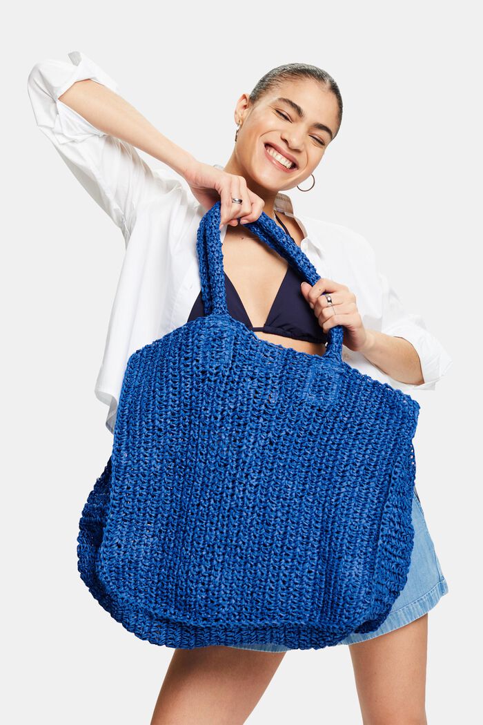 Woven Straw Tote, BRIGHT BLUE, detail image number 5