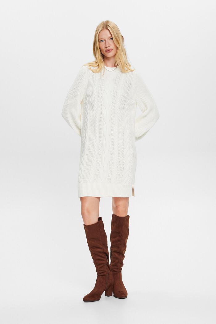 Wool-Blend Cable Knit Sweater Dress, OFF WHITE, detail image number 4