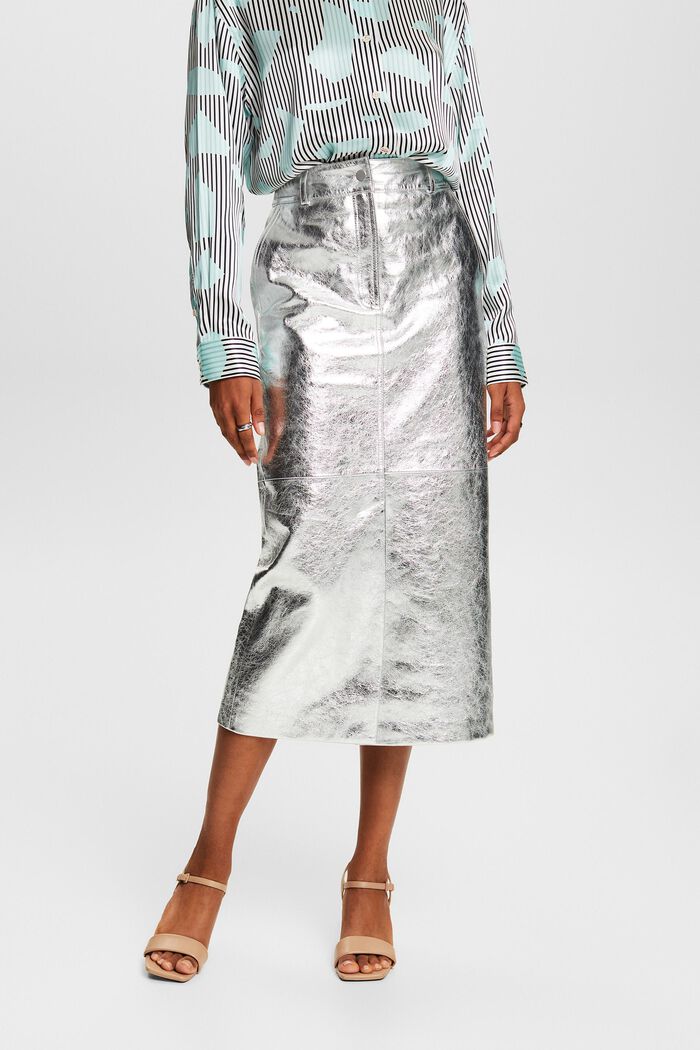 金屬光感皮革半身裙, 銀色, detail image number 0