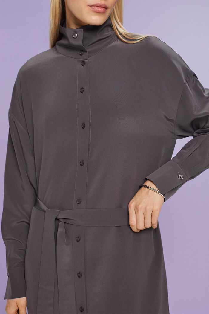 Silk Midi Shirt Dress, DARK GREY, detail image number 3