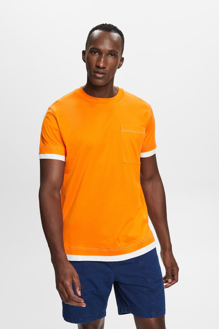 100%純棉圓領層次感T恤, 橙色, detail image number 0