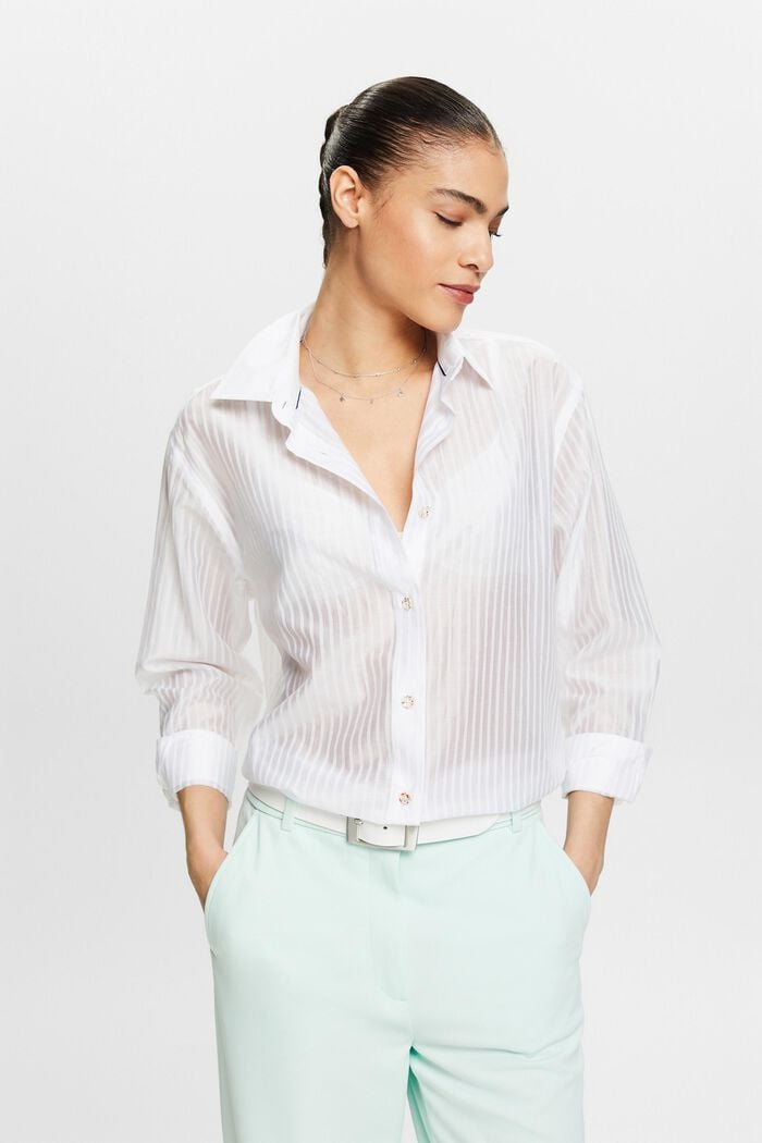 Sheer Striped Button-Down Shirt, WHITE, detail image number 0