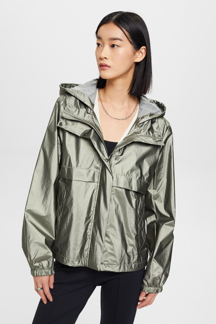 Metallic sheen jacket with a hood, DARK TEAL GREEN, detail image number 0