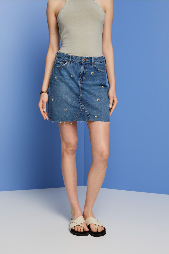 Embroidered jeans mini skirt, BLUE DARK WASHED, detail image number 0