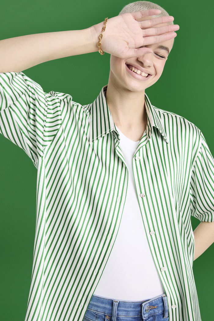 ‌條紋查米尤斯緞面恤衫, 綠色, detail image number 4