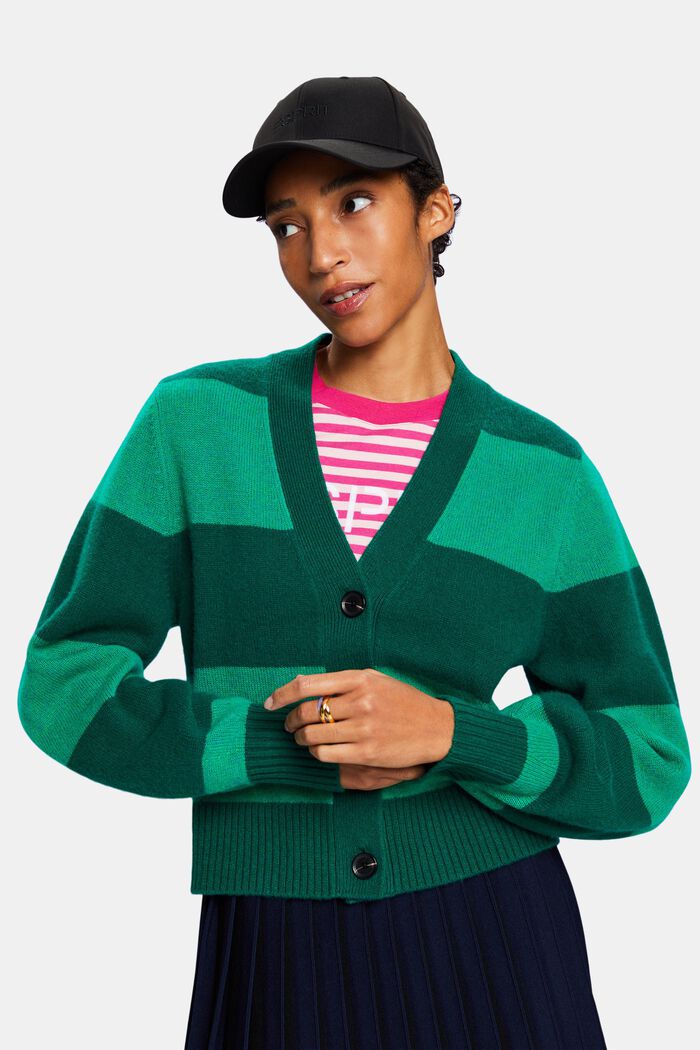 ‌V領橄欖球條紋羊絨開衫, 翡翠綠, detail image number 0