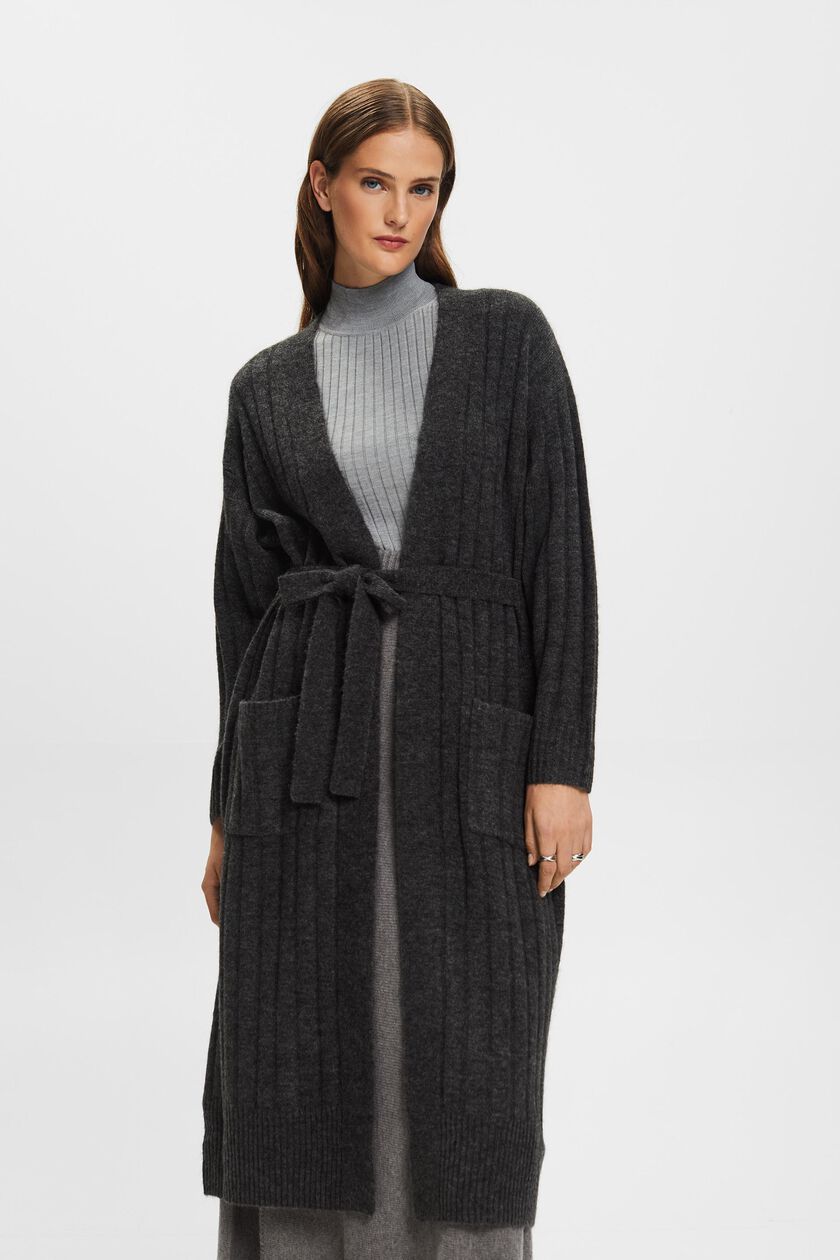 Belted Ribbed Knit Long Cardigan